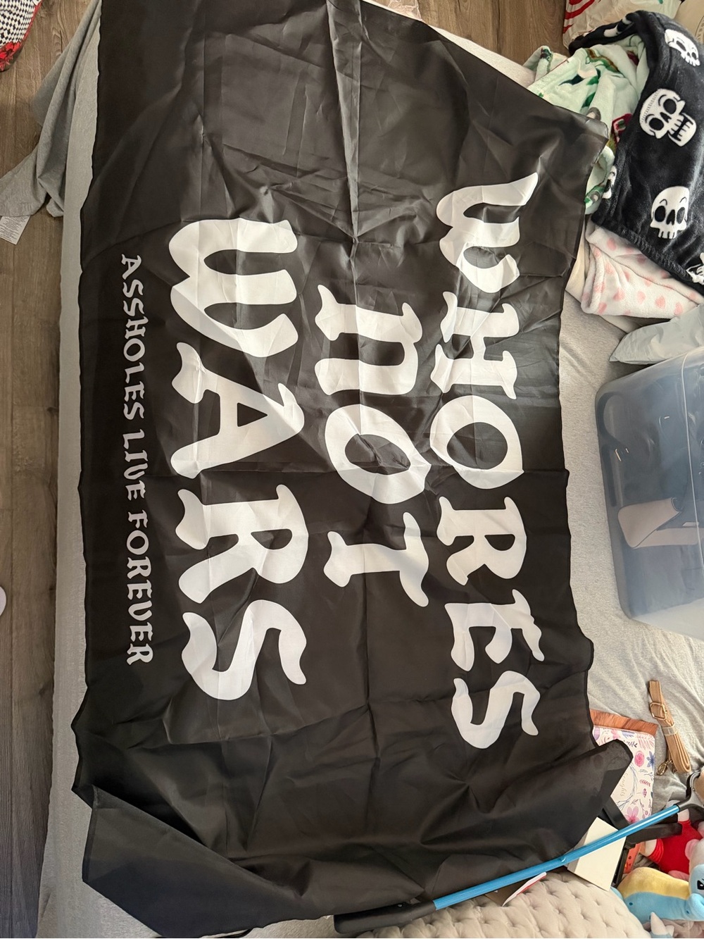 Black 'Whores Not Wars' Graphic Flag - White Text Assholes Live Forever